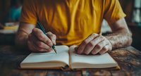 Man in yellow t-shirt writing in open notebook on rustic wooden table, close-up view of hands holding pen. Atmospheric lighting creates moody study environment.
