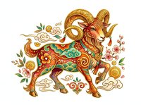 Ornate golden ram with decorative red, green and turquoise patterns, surrounded by floral elements and circular motifs on white background. Isolated clipart suitable for design projects.