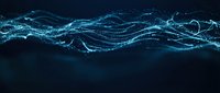 Abstract blue digital wave particles flowing in dark space creating futuristic data visualization for technology and science backgrounds.