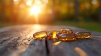 Amber vitamin D3 supplement capsules on rustic wooden surface at sunset, golden hour lighting creates warm glow through translucent gel pills.