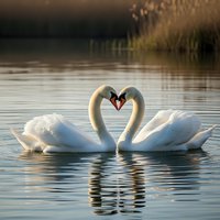 Two elegant white swans forming heart shape with necks on calm lake water during golden hour sunset creating romantic wildlife scene for love concepts.