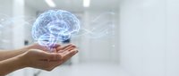Human hands holding glowing blue digital brain hologram with neural network connections in modern medical office environment for healthcare technology concepts.