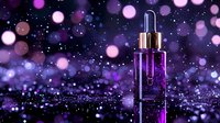 Luxurious purple cosmetic serum bottle on dark background with magical bokeh lights and glitter sparkles, reflecting premium skincare product photography.