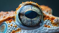 Close-up macro shot of reptile eye with intricate scaled patterns and deep blue iris. Wildlife photography showcasing natural textures and details.