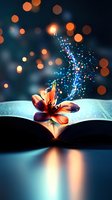 Magical orange lily on open book pages with glowing blue sparkles rising upward, bokeh lights in dark background creating dreamy atmosphere for fantasy concepts.