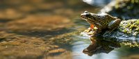 Small spotted frog sitting on mossy rock near flowing water stream with golden sunlight reflection creating peaceful natural wildlife scene.