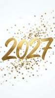 Gold metallic numbers 2027 with scattered stars and confetti on white background, isolated and ready for New Year celebrations, greeting cards, and festive design projects.
