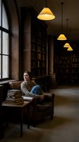 Young woman reading in cozy library with warm pendant lighting and floor-to-ceiling bookshelves creating atmospheric study environment.