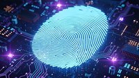 Glowing digital fingerprint on futuristic circuit board with purple neon lights for cybersecurity and biometric authentication technology concepts.