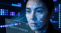 Futuristic biometric facial recognition technology scanning young Asian woman's face with digital grid overlay and identity verification interface display.