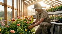Male gardener in hat tending colorful flowers in sunny greenhouse. Professional horticulture worker caring for blooming plants in glass structure.