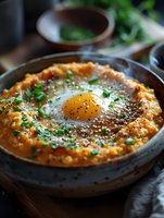 Creamy polenta topped with sunny side up egg, fresh herbs and black pepper in rustic ceramic bowl, steam rising from hot breakfast dish served on wooden board.