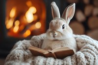 White fluffy rabbit reading book on cozy knitted blanket with warm fireplace bokeh in background, creating magical winter holiday atmosphere.