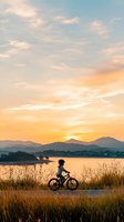 Silhouette of young cyclist on mountain bike against golden sunset sky and lake backdrop with mountain range, tall grass in foreground creates serene outdoor scene.