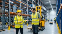 Two warehouse workers in safety vests discussing logistics operations in modern distribution center with industrial shelving and equipment.