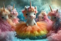 Magical unicorn toy wearing rainbow tulle dress surrounded by pink cotton clouds and dreamy turquoise atmosphere, fantasy children decoration concept.