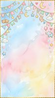 Pastel watercolor baby shower background with hanging bunting, clouds, stars, moon, teddy bears, elephant, and balloons on soft gradient backdrop. Ideal for greeting cards and invitations.