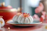 Elegant white bundt cake with decorative red lotus flower topping on ceramic plate, festive table setting with warm bokeh lights background for celebrations.