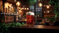 Mug of amber beer with foam head sits on wooden bar counter in warm-lit pub interior with hanging lights and blurred background, suitable for beverage, hospitality and restaurant marketing.
