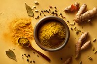 Aromatic turmeric powder in ceramic bowl with fresh ginger roots, bay leaves, and spices on yellow background for cooking curry dishes.