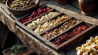 Rustic wooden spice box filled with diverse dried chili peppers, mushrooms and aromatic ingredients arranged in compartments, dark moody food photography styling.
