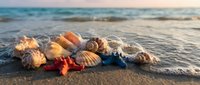 Colorful seashells and starfish scattered on wet sandy beach with ocean waves washing ashore during golden hour sunset creating peaceful coastal scene.