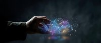 Male hand reaching toward a glowing digital network of colorful connected dots and particles on a dark background, symbolizing AI and data technology.