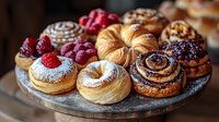 Fresh baked French pastries with raspberries on rustic wooden board, powdered sugar dusted croissants, cinnamon rolls and fruit danish in morning light.
