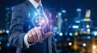 Professional businessman touching digital justice scale icon with network connections against blurred city lights background at night.