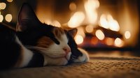 Sleepy calico cat resting on textured carpet with warm glowing bokeh lights and fireplace in background creating cozy atmospheric holiday mood.
