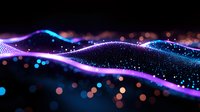 Glowing wave of particles with purple and blue neon lights on dark background, abstract digital technology visualization with bokeh effect and motion blur.