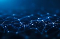 Glowing blue network connections on dark background with interconnected nodes forming abstract digital mesh pattern for technology concepts.