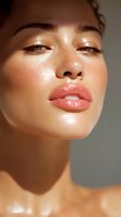 Close-up portrait of young Asian woman with glowing skin, freckles, and glossy coral lips in warm sunlight. Natural beauty and skincare concept.