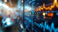 Financial market data visualization showing dynamic stock charts and trading graphs with glowing orange and blue lines on dark background with bokeh effect.