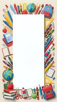 School supplies frame with white center space, featuring colorful pencils, markers, crayons, notebooks, globe, backpack, ruler, scissors, and apples arranged on beige background. Isolated design ready for educational posters, flyers, and classroom materials.