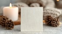 Blank card mockup with pine cones, burning candle and cozy knitted blanket in background, perfect for winter holiday greeting design.