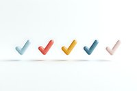 Colorful checkmark icons floating in minimalist style on white background, casting soft shadows. Modern design elements for digital projects and presentations.