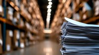 Stack of paper documents in foreground with blurred warehouse storage facility background showing rows of shelves and lighting, business organization concept.