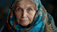 Elderly Caucasian woman wearing vibrant turquoise and orange floral headscarf smiles gently at camera, her bright blue eyes and natural wrinkles conveying wisdom and warmth against dark background.