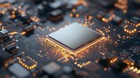 Glowing microprocessor on circuit board with orange light effects, modern computer chip technology closeup macro photography for tech industry.