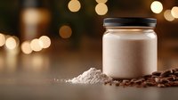 Protein powder jar with scattered coffee beans and powder on wooden surface against blurred bokeh lights background. Fitness supplement concept.