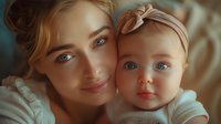 Young Caucasian mother with blonde hair and blue eyes holding adorable baby girl with matching headband in soft natural lighting, intimate family portrait showing tender maternal bond.
