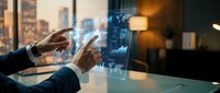 Businessman analyzing financial data on futuristic holographic display in modern office environment with city skyline background at evening.