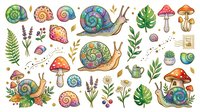 Colorful snails, mushrooms, and botanical elements in whimsical watercolor style. Isolated clipart set perfect for design projects, stationery, textiles, and creative compositions on transparent background.