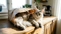 Adorable tabby cat relaxing in paper bag on wooden kitchen counter in bright modern home interior with plants and natural sunlight streaming through window.