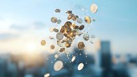 Flying golden bitcoin cryptocurrency coins scattered in urban sky with city skyline and sunset background, financial technology concept for digital banking.