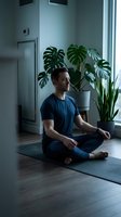 Young Caucasian man practicing meditation in lotus position on yoga mat at home with monstera plants by window creating peaceful wellness atmosphere.
