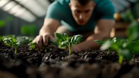 Young male gardener in green t-shirt carefully tending to small seedlings growing in rich soil, focused on sustainable home gardening and plant cultivation.