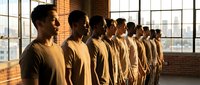Young diverse men standing in a line facing sideways in a modern loft space with large windows and brick walls, suitable for teamwork, unity, and corporate training concepts.