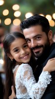 Smiling Hispanic father and daughter share tender moment at celebration, with bokeh lights in background. Young girl wears white lace dress while dad has neat beard.